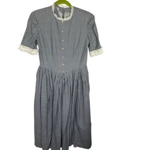 Handmade Vintage Prairie Dress Large Blue  Multicolor Square Print Long Lace